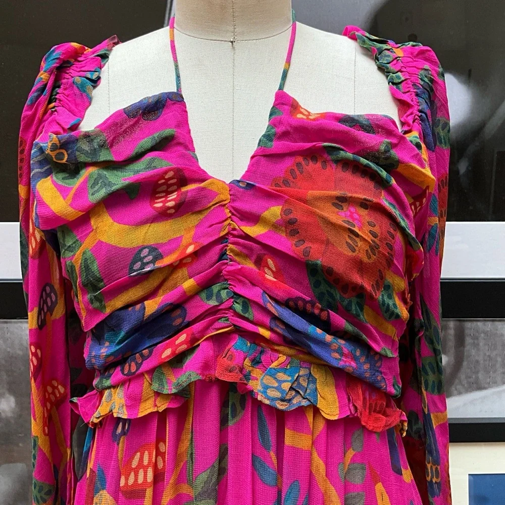 NWT Farm Rio Farm Rio's Sweet Forest  pink tier halter mushroom maxi dress - Picture 7 of 17